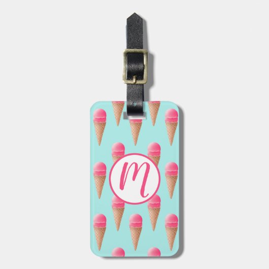 Rosa Erdbeere Eis Crememuster, blau Gepäckanhänger (Vorderseite vertikal)