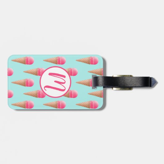 Rosa Erdbeere Eis Crememuster, blau Gepäckanhänger (Rückseite horizontal)