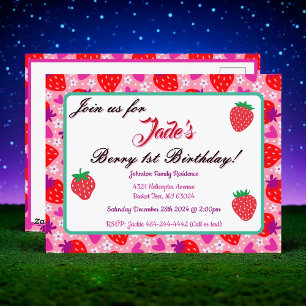 Rosa Erdbeere Erster Geburtstag Einladung Postkarte