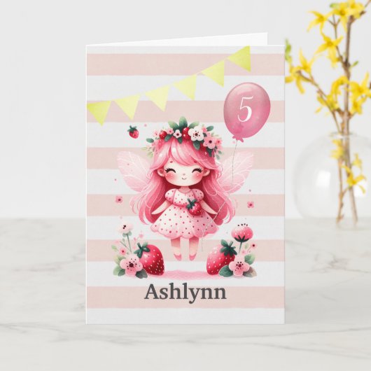 Rosa Erdbeere Fairy 5. Geburtstag Karte (Gelbe Blume)