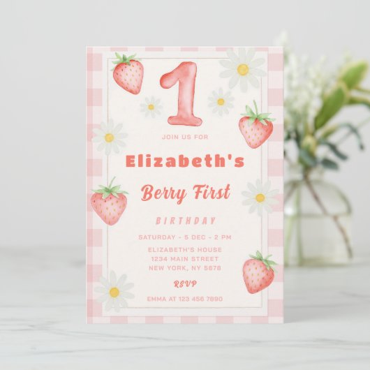 Rosa Erdbeere Geburtstagsfeier Einladung (Stehend Vorderseite)