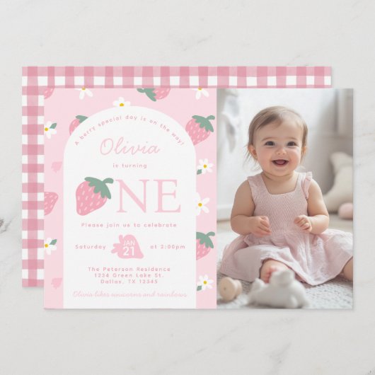 Rosa Erdbeere Geburtstagsparty Foto Einladung (Vorne/Hinten)