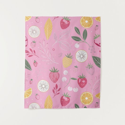 Rosa Erdbeere und Blumentapestry (50" x 60") Wandteppich (Vorderseite)