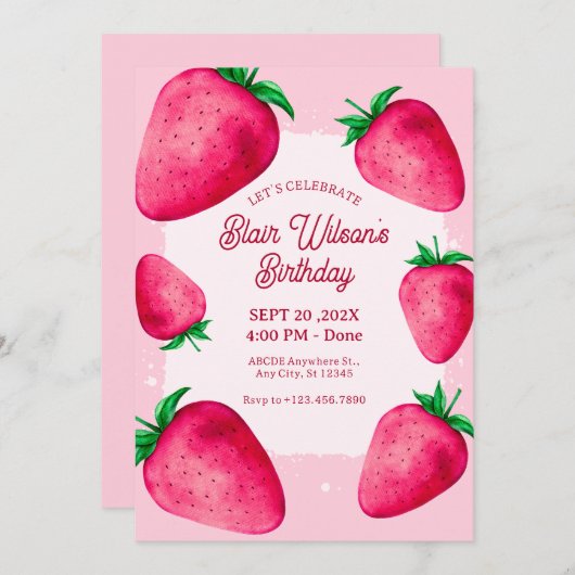 Rosa Erdbeere zum Geburtstag Einladung (Vorne/Hinten)