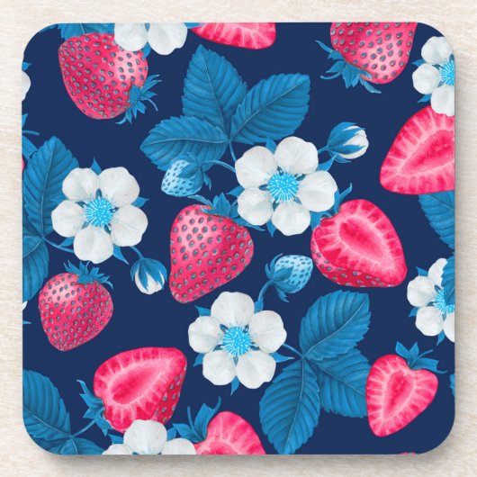 Rosa Erdbeeren auf blau Getränkeuntersetzer (Vorderseite)