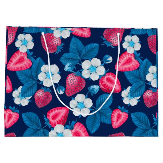 Rosa Erdbeeren auf blau Große Geschenktüte (Rückseite)