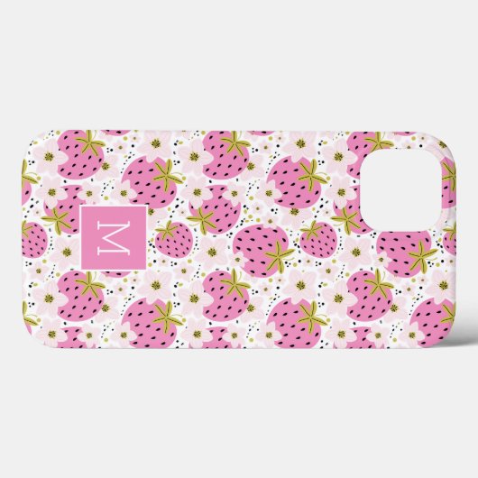 Rosa Erdbeeren Benutzerdefinierte Monogram-Telefon Case-Mate iPhone Hülle (Rückseite (Horizontal))