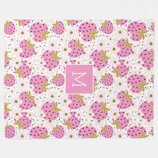 Rosa Erdbeeren Custom Monogram Fleecedecke (Vorderseite (Horizontal))