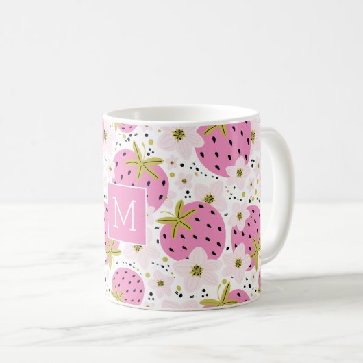 Rosa Erdbeeren Custom Monogram Kaffeetasse (VorderseiteRechts)