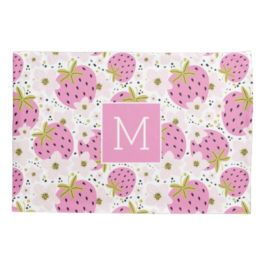 Rosa Erdbeeren Custom Monogram Kissenbezug (Rückseite)