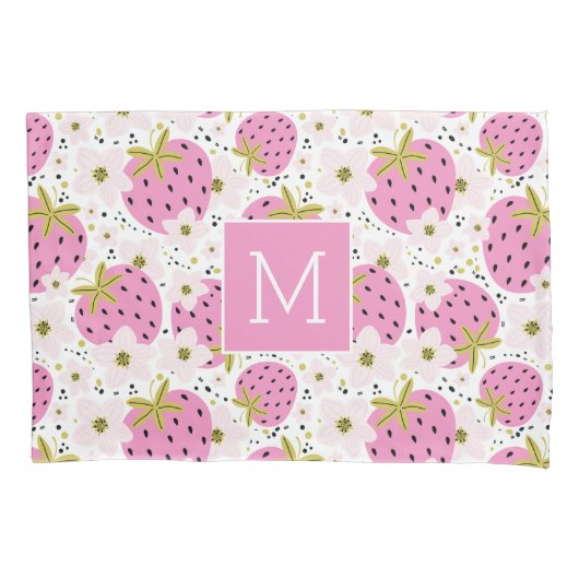 Rosa Erdbeeren Custom Monogram Kissenbezug (Vorderseite)