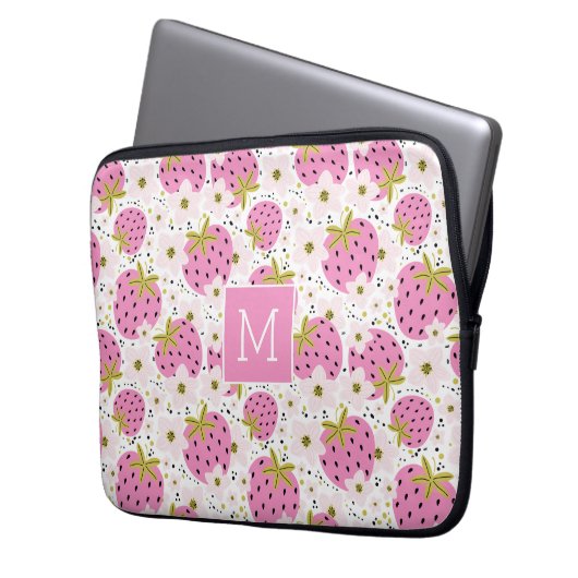 Rosa Erdbeeren Custom Monogram Laptopschutzhülle (Vorderseite Links)