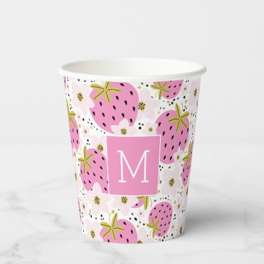 Rosa Erdbeeren Custom Monogram Pappbecher (Rückseite)
