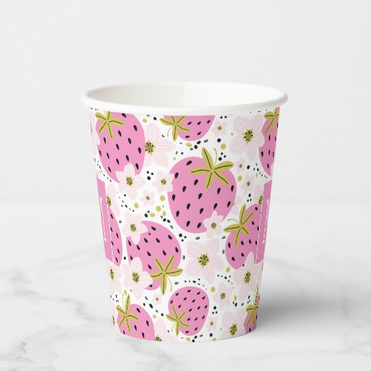 Rosa Erdbeeren Custom Monogram Pappbecher (Links)
