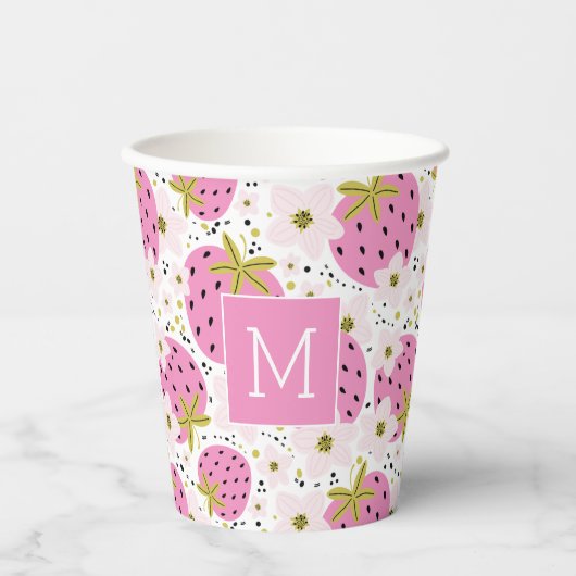 Rosa Erdbeeren Custom Monogram Pappbecher (Vorderseite)