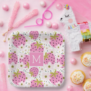 Rosa Erdbeeren Custom Monogram Pappteller