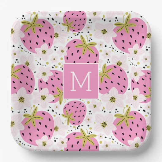 Rosa Erdbeeren Custom Monogram Pappteller (Vorderseite)