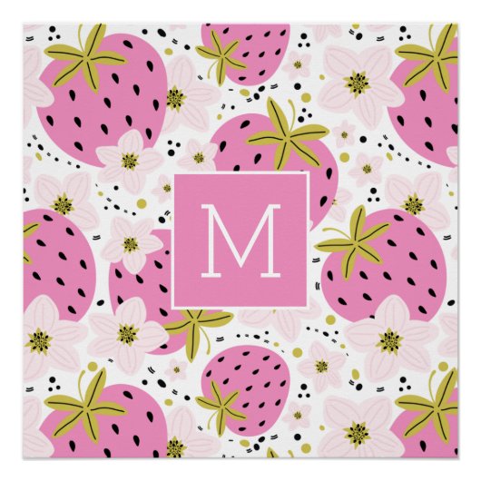 Rosa Erdbeeren Custom Monogram Poster (Vorderseite)