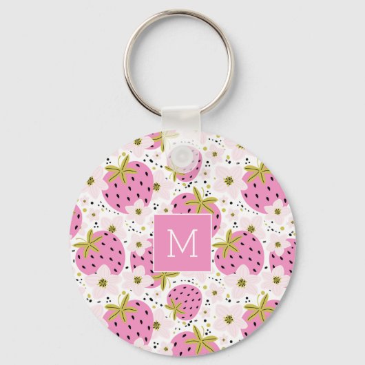 Rosa Erdbeeren Custom Monogram Schlüsselanhänger (Vorderseite)