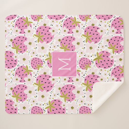 Rosa Erdbeeren Custom Monogram Sherpadecke (Vorderseite (Horizontal))