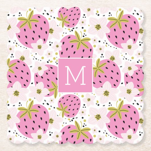 Rosa Erdbeeren Custom Monogram Untersetzer (Vorderseite)