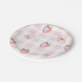 Rosa Erdbeeren Gingham Beere Erster 1. Geburtstag Pappteller (Schrägansicht)