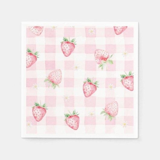 Rosa Erdbeeren Gingham Erdbeere Erster 1. Geburtst Serviette (Vorderseite)