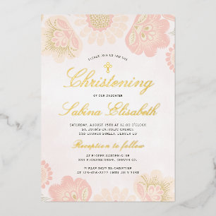 Rosa Erröten Blumen Mädchen Tauf Gold Kreuz echt Folieneinladung