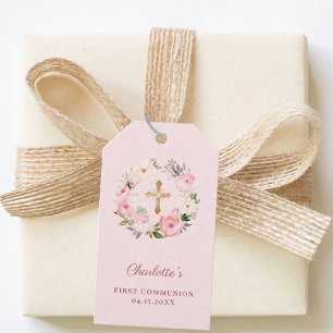 Rosa Erröten Blumenkranz Kreuz Erstkommunion DIY Geschenkanhänger
