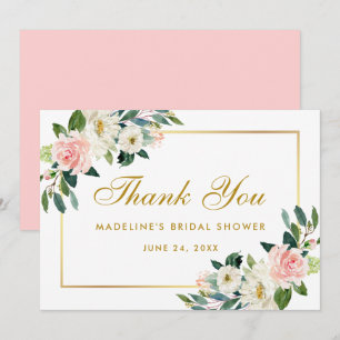 Rosa Erröten Florale Goldene Hochzeitsdusche Danke Einladung