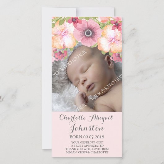 Rosa erröten PastellBlumen danken Ihnen zu duschen Dankeskarte (Vorderseite)