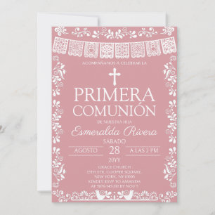 Rosa errötend Papel Picado Primera Comunión Einladung