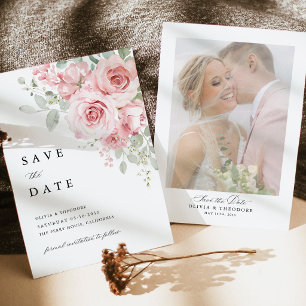 Rosa Errötende Florale Hochzeitsfoto-Rückseite Save The Date