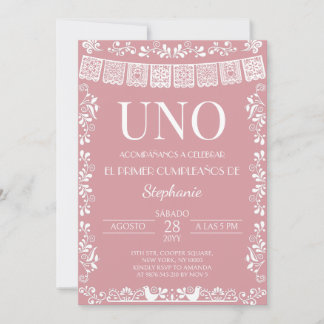 Rosa errötende Papel Picado UNO Erste Mädchen-Einl Einladung