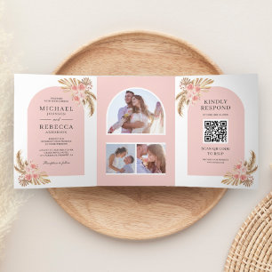 Rosa errötende Rosen Boho Pampas Bogen QR-Code Hoc Dreifach Gefaltete Einladung