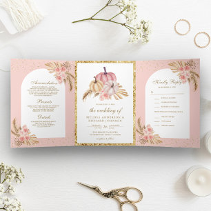 Rosa errötende Rosen Boho Pampasgras Kürbis Hochze Dreifach Gefaltete Einladung