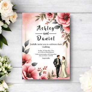 Rosa errötendes Brautpaar Blumen Hochzeit Einladung