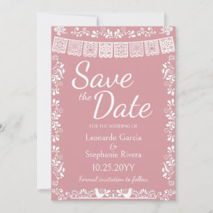 Rosa errötendes Papel Picado Hochzeit Save the Dat Einladung