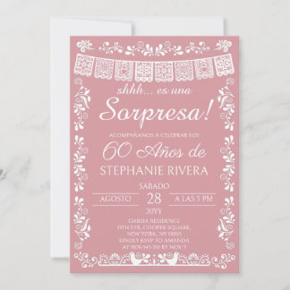 Rosa errötendes Papel Picado Überraschung 60. Gebu Einladung