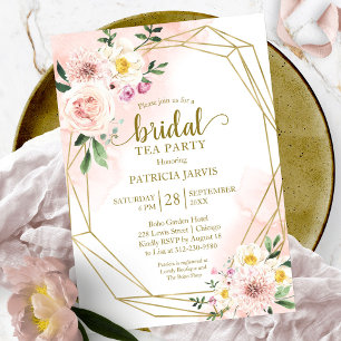 Rosa Errötung Blumen Gold Brautparty Teeparty Einladung