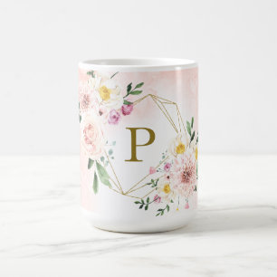 Rosa Errötung Floral Gold Geometrisches Monogramm Kaffeetasse
