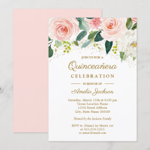 Rosa Errötung Gold Aquarell Floral Quinceanera Einladung