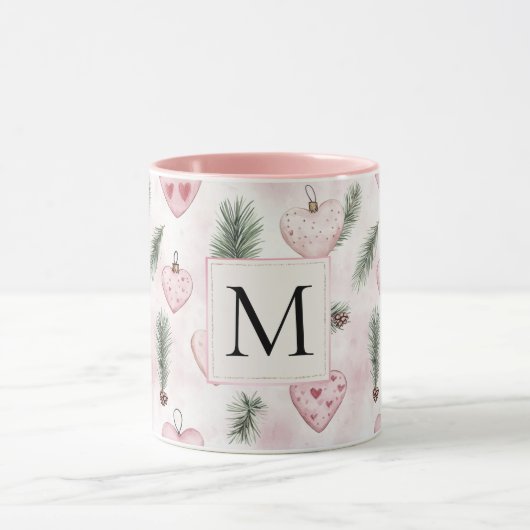 Rosa Errötungs-Herzen Weihnachtsmonogramm Tasse (Zentrum)