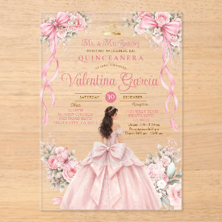 Rosa Errötungs-Schleifen-Blumen-Quinceañera-Kleid  Acryleinladungen