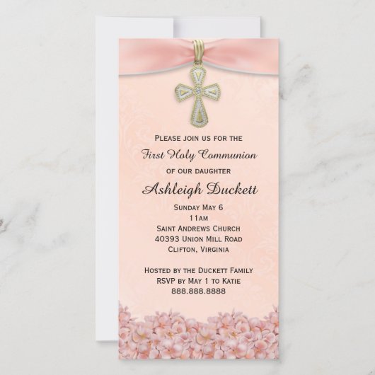 Rosa Erste Heilige Kommunion Religiöse Einladung (Vorderseite)