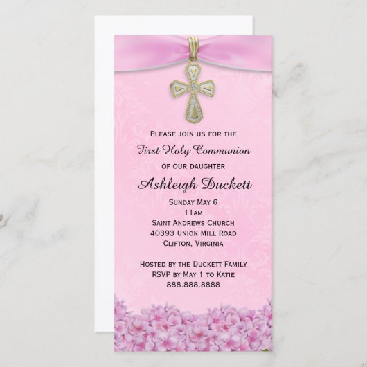 Rosa Erste Heilige Kommunion Religiöse Einladung (Vorne/Hinten)