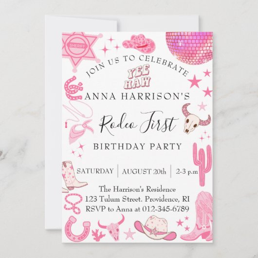 Rosa Erste Rodeo 1. Geburtstag Einladung (Vorderseite)