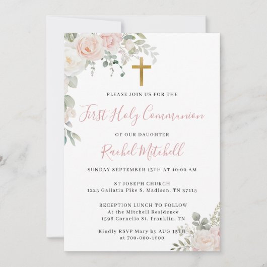 Rosa Erstkommunion Einladung Templat (Vorderseite)