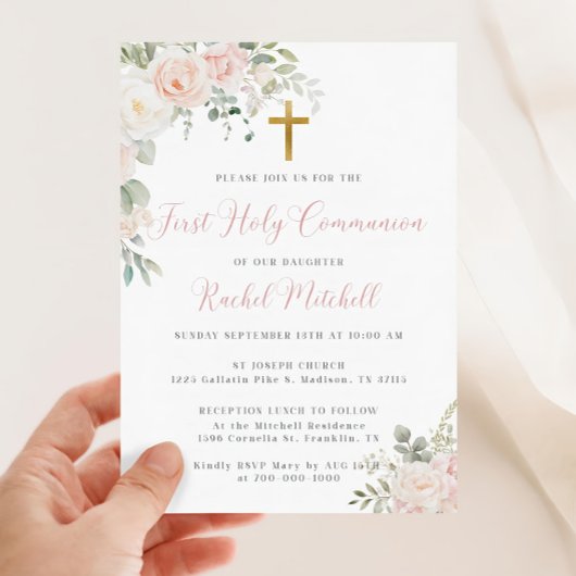 Rosa Erstkommunion Einladung Templat