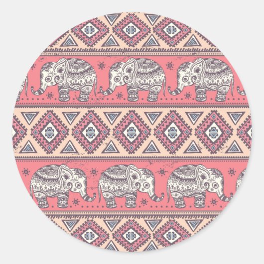 rosa Ethnisch-Elefantenmuster Runder Aufkleber (Vorderseite)